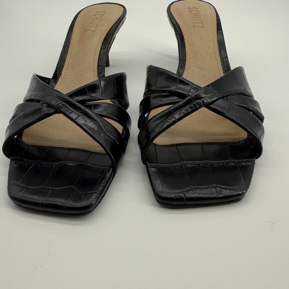 Schutz Keefa Black Croc Embossed Heeled Sandals Strappy Slip On Mules Womens 7 - Picture 8 of 14